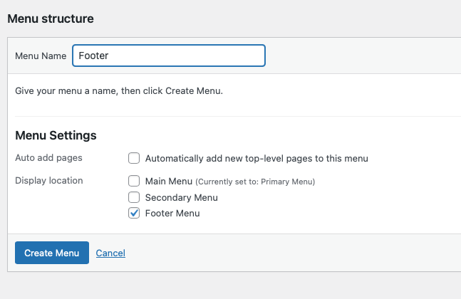 Screenshot of the WordPress menu creator.